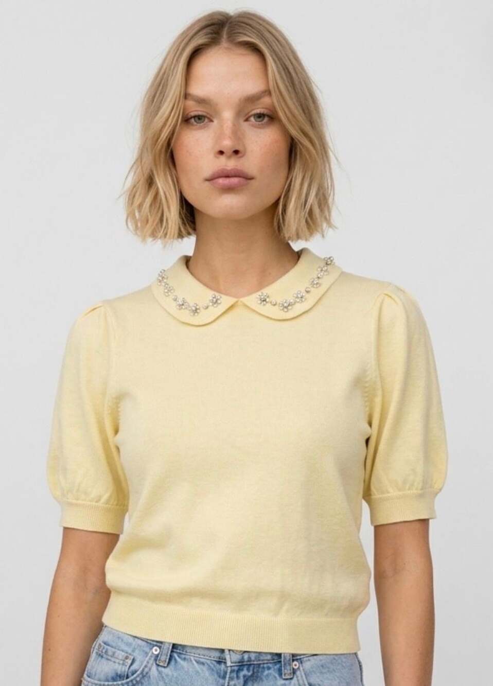 Adrianna Papell Embellished Collar Knit Top Pastel Yellow